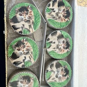 Cat Porcelain Painted Trinket Vanity Box Lidded Mirror Dish